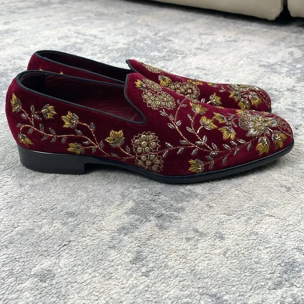 New Dolce & Gabbana Floral Embroidered Sequin Velvet Loafers Red Gold Luxury 7